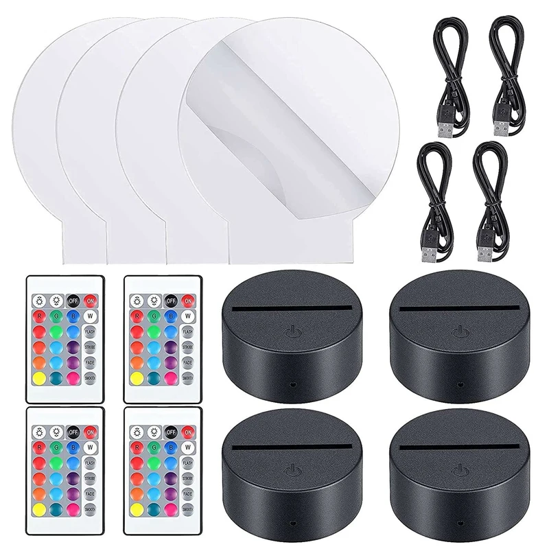 

4 Pieces 3D Night LED Light Lamp Base With 4 Pieces Clear Acrylic Sheets 4 Pieces Remote Controls