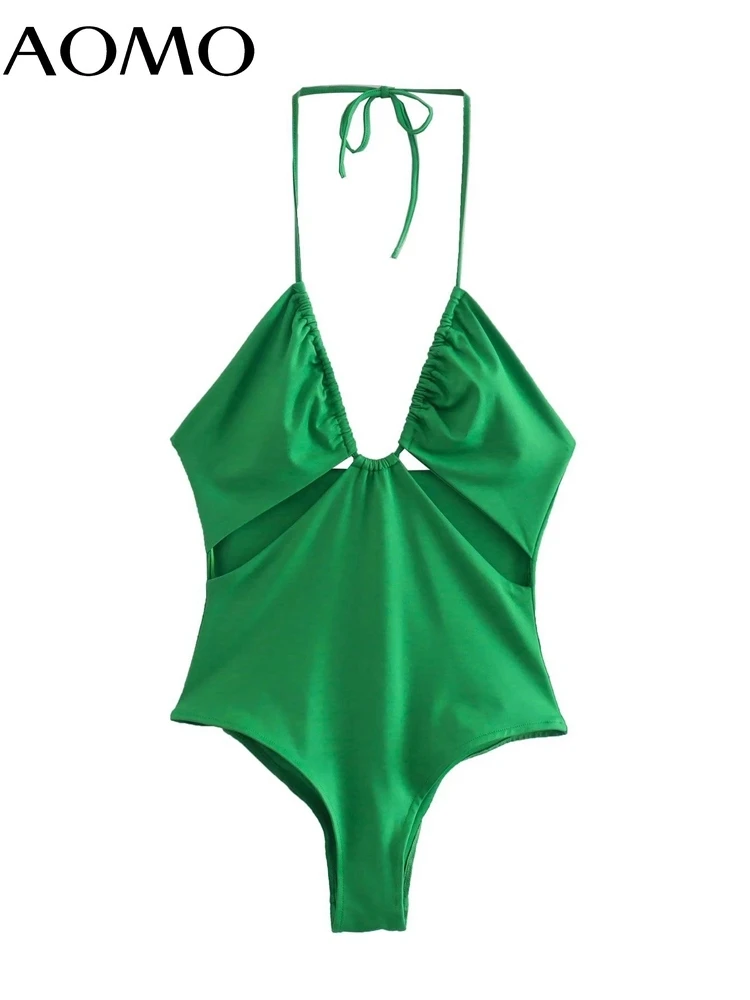 

AOMO 2021 Fashion Women Green Halter Bodyshirt Shirt Playsuit Sleeveless Summer Female Tops QJ70A