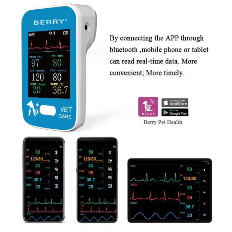 Фото Ветеринарный монитор BERRY для домашних животных, собак, животных, Bluetooth-приложение, монитор для клиники, ветеринарной больницы, ЭКГ, Nibp Spo2 PR Temp, многопараметрический №4