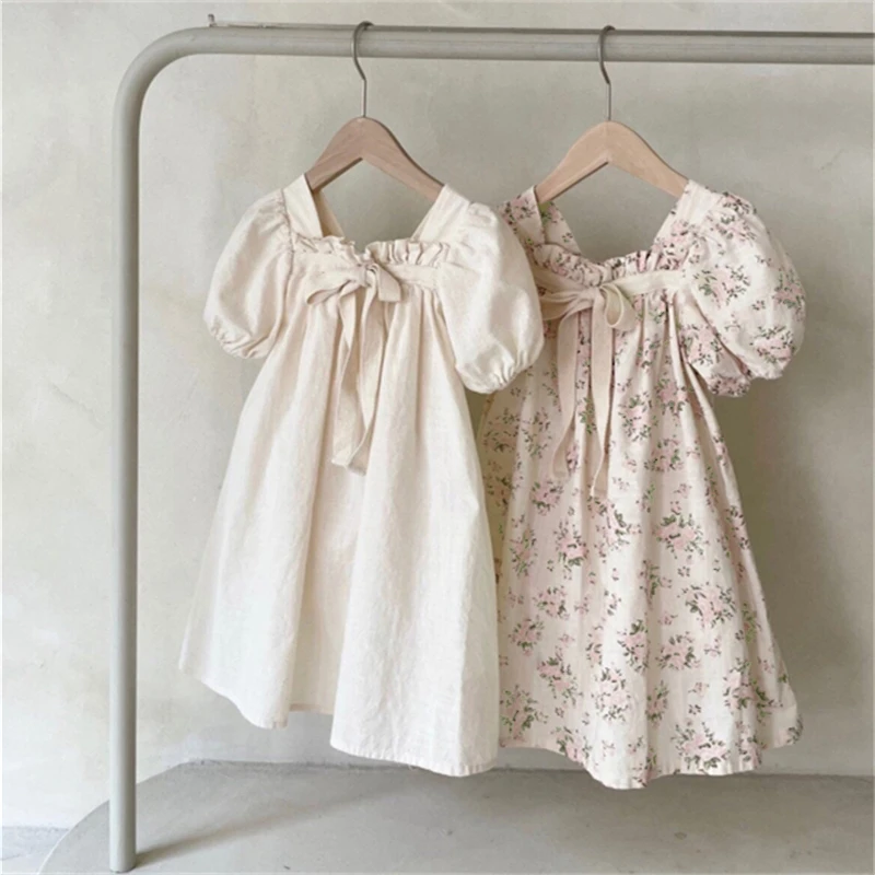 

2023 New Spring Summer Kids Dress Children Bubble Sleeve Bow Floral Dress Girls Outwear Dresses Kids Children Clothing