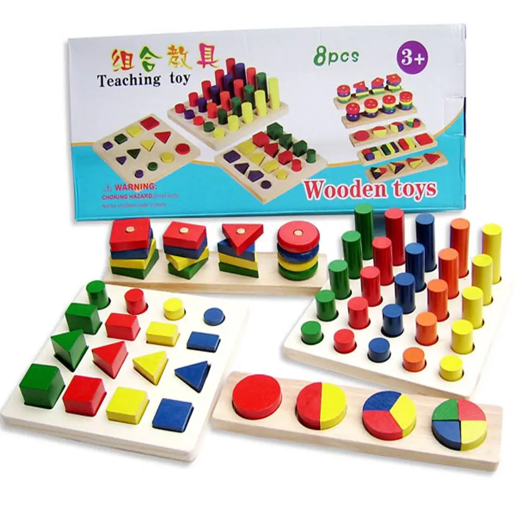 

8 in 1 Montessori Sensory Aids Wooden Geometric Block - Early Color & Shape Cogntion Teaching Aids Educational Toy