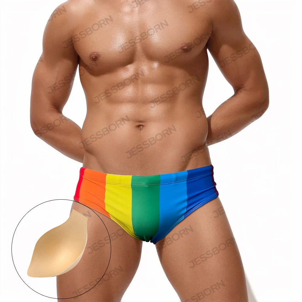

Summer Mens Rainbow Striped Swim Briefs Sexy Low Waist Pouch Pad Swimwear Male Sport Beach Pool Quick Dry Surf Bathing Suits