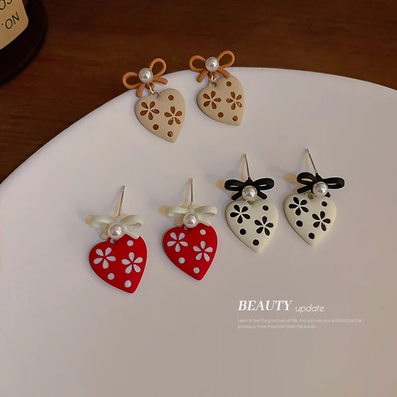 

Minar Cute Romantic Polka Dot Love Heart Pendant Earring for Women Girls Simulated Pearl Bowknot Dangle Earrings Holiday Jewelry