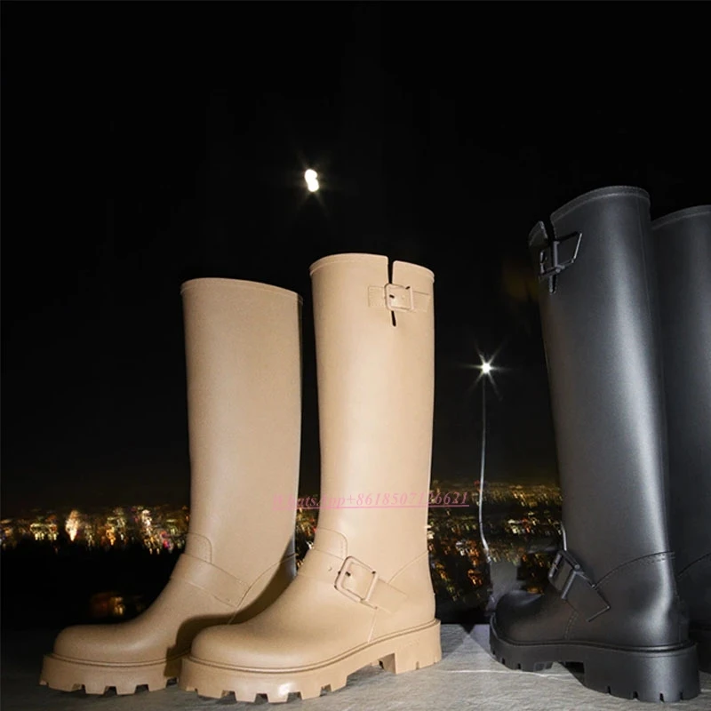 Solid Color Round Toe Flat Slip-On Knee Boots Buckle Apricot Fashion All-match Boots