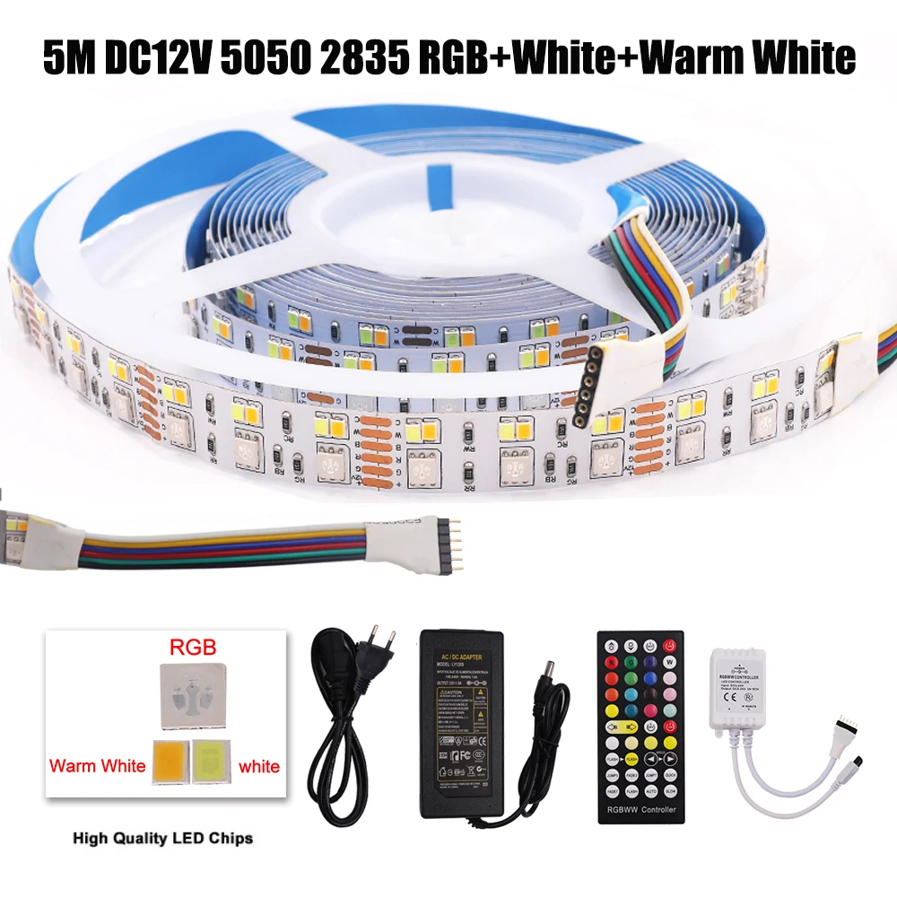 

5M RGB CCT LED Tape 5050 2835 SMD DC12V Flexible LED Strip Light with IR Controller 180Leds/m LED Ribbon Rope EU US UK AU Set