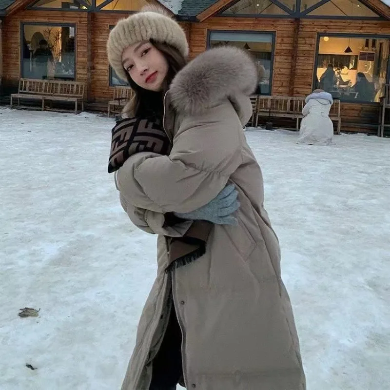 White Duck Down Jacket Women's Winter New Big Real Fur Hooded Middle And Long Korean Over Knee Fashion Elegant Horn Solid Parker