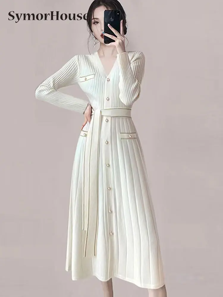 

Spring Autumn Single-Breasted Casual Pullover Sweater Vestidos Elegant Simple Office Dress Women's V-Neck A-Line Dresses