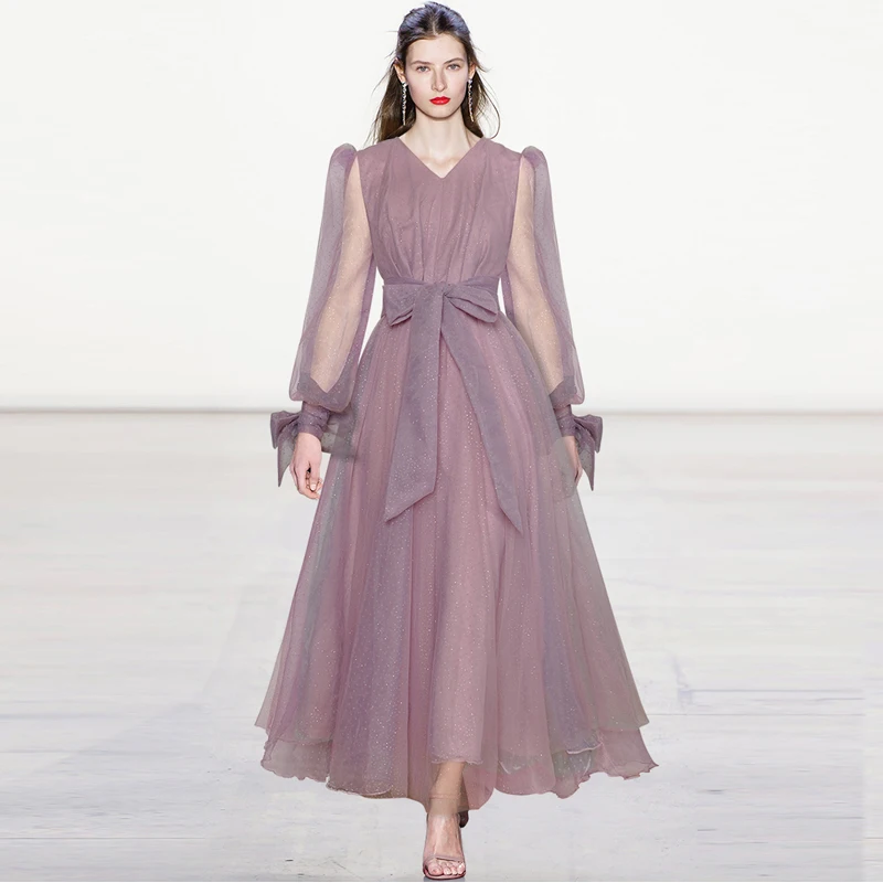

Janeyiren Fashion catwalk Dress Autumn/Winter Women Lantern Sleeve Polka dot corset gauze purple evening gown