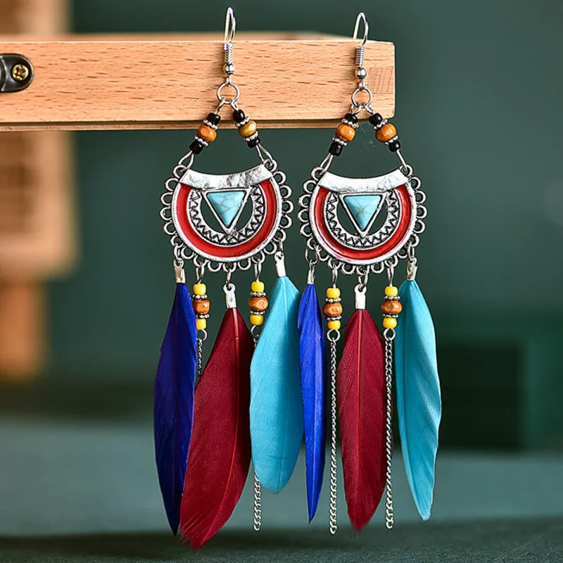 

Ethnic Feather Earrings For Women Shaped Imitation Turquoise Beads Vintage Bohemian Dangle Earrings Women