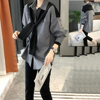 harajuku patchwork pockets striped womens shirt long sleeve fashion casual y2k tops 2022 spring plus size loose blouse female