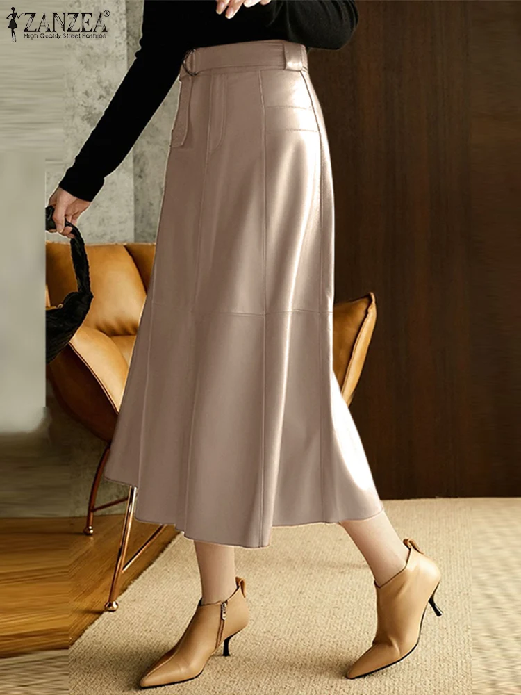 

ZANZEA Fashion Belted Stitching Faldas PU Leather Long Skirt Women High Waist Jupes 2023 Autumn Office Lady A Line Midi Skirts