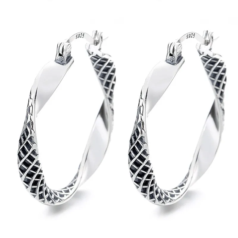 

238RM ZFSILVER 925 Silver Fashion Trendy Design Retro Hiphop Creative Twisted Wave Circle Earring For Women Charms Party Jewelry