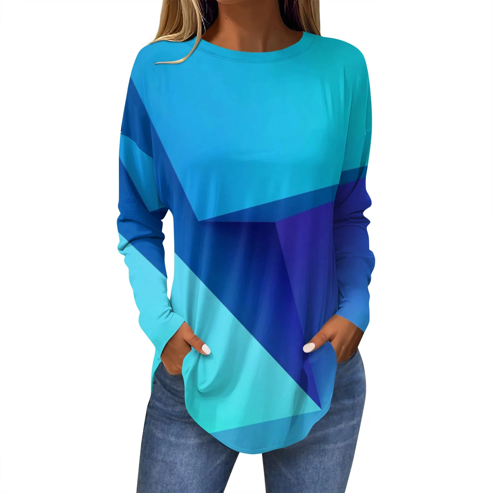 Женский топ с длинным рукавом круглым вырезом и принтом