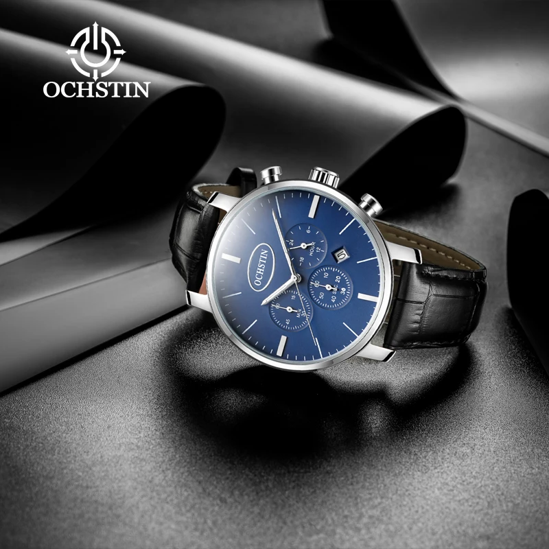 Фото OCHSTIN Luxury‑Simple Man, элегантные повседневные часы с ремешком из натуральной кожи, мужские надежные многофункциональные кварцевые модные наручные часы №1