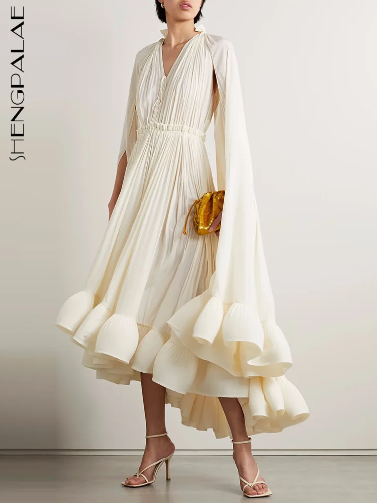 SHENGPALAE Elegant Chic Ruffles Irregular Dresses For Women V-Neck Cloak Sleeves Lace Up Folds Dress Vestido 2023 Summer 19J4498