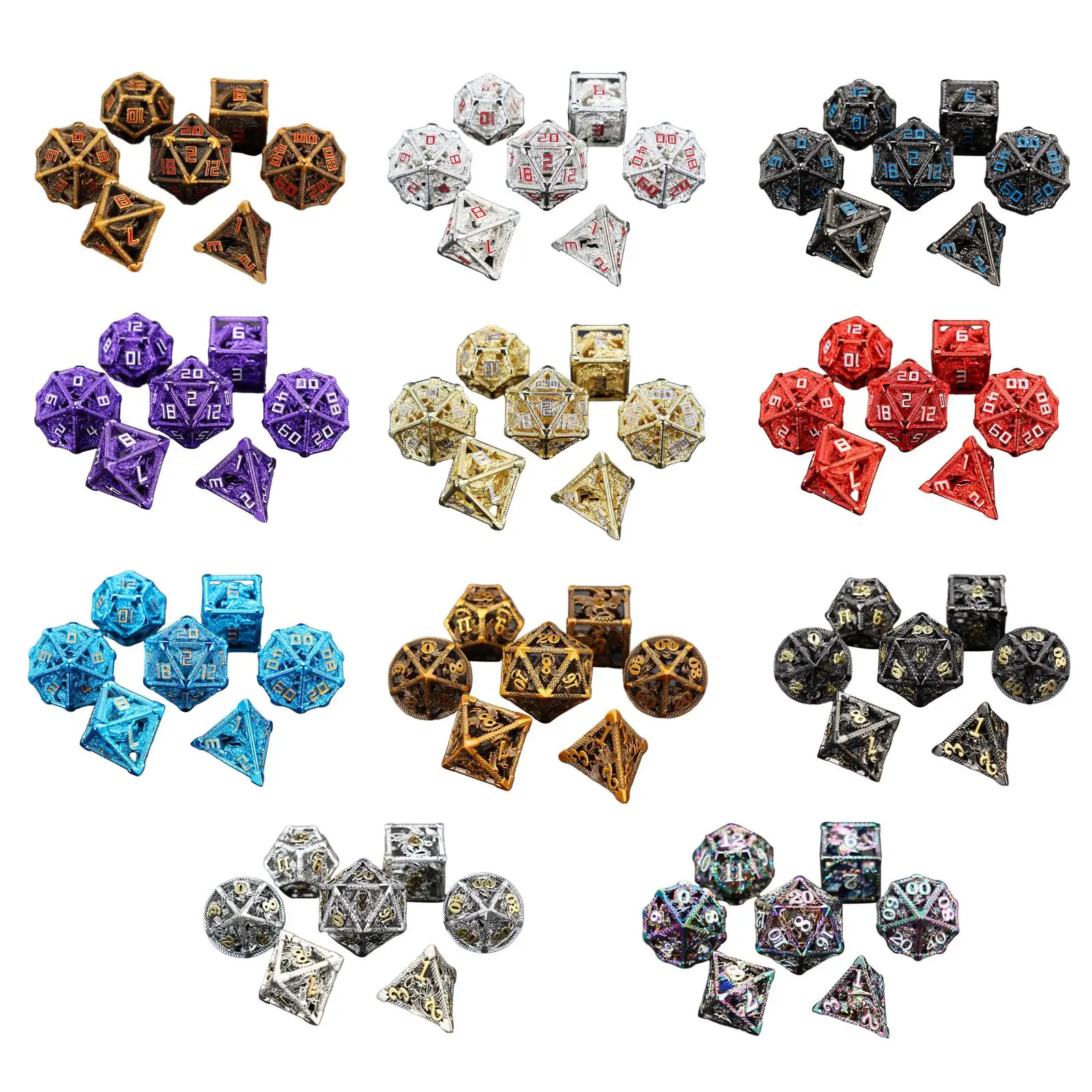 

7x Polyhedral Dice Big Numbers Hollow Props Family Games Party Favors Game Accessories Metal Role Playing Dice for MTG Casino