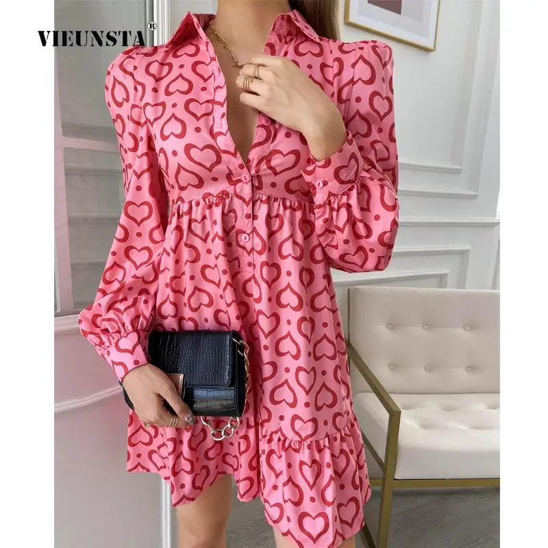 

Женское мини-платье с отложным воротником, длинным рукавом и оборками на подоле, женское летнее праздничное платье, женское пляжное Повседневное платье-рубашка с принтом в стиле бохо