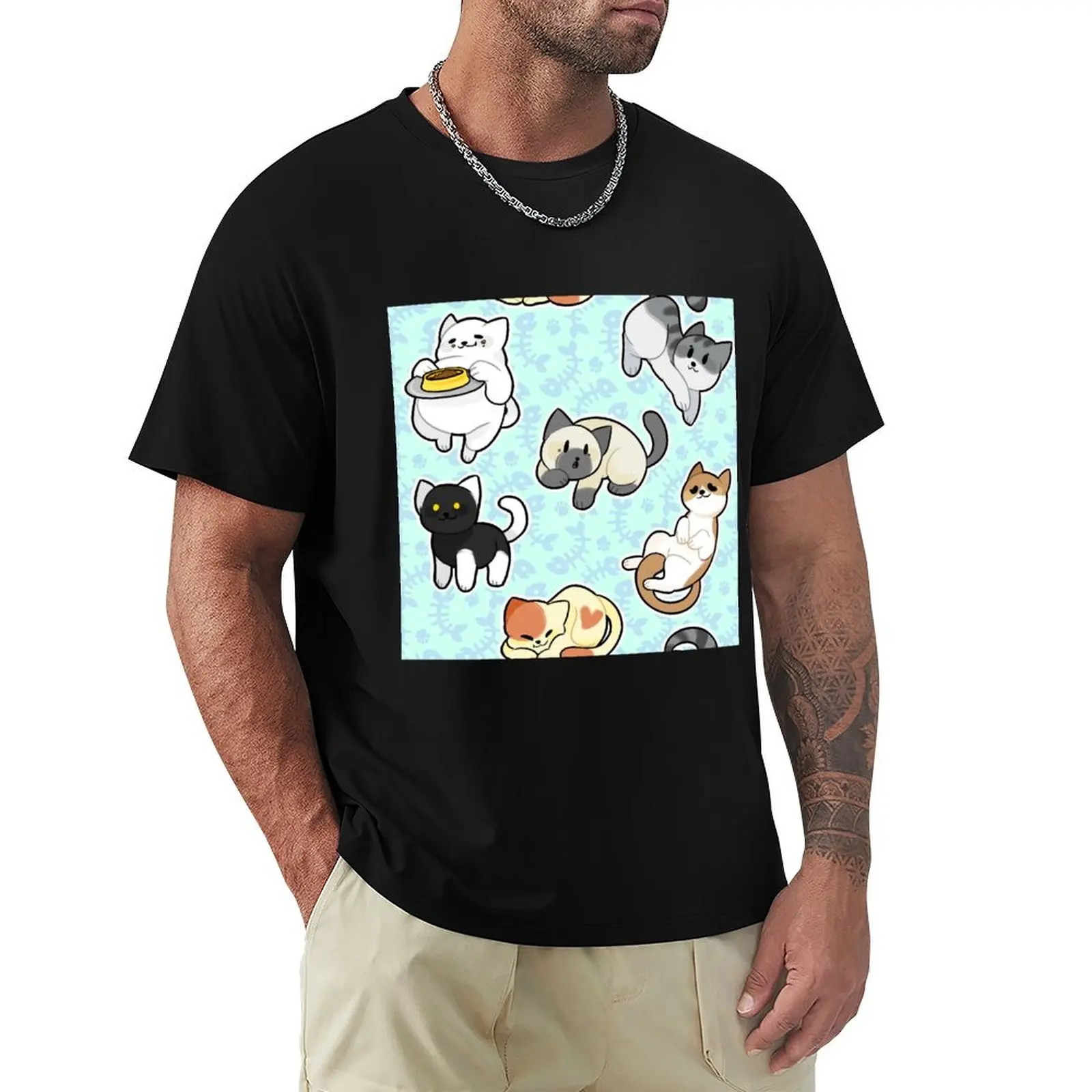 Фото Футболка Neko Atsume: Pattern 2 с художественным принтом, повседневный топ №1