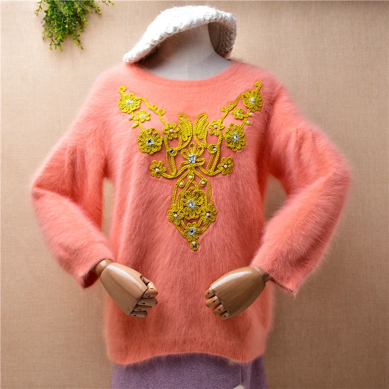 

Female Women Fall Winter Clothing Hairy Embroidery Mink Cashmere Knitted Three Quarter Sleeves O-Neck Loose Pullover Sweater