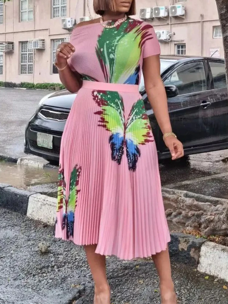 

Women Two Pieces Set Short Sleeves High Waist Pleated Midi Skirt Printed African Elegant Ladies Female Suits Modest Large Size