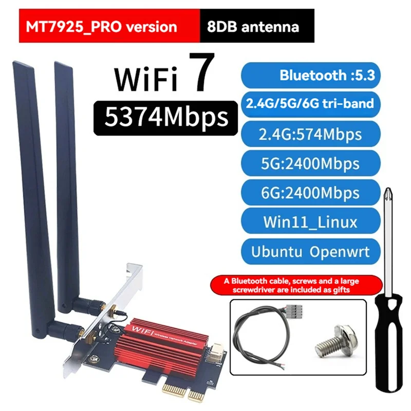 Фото Комплект адаптеров Wi-Fi 7 MT7925 PCI-E, трехдиапазонный 2,4G/5G/6Ghz, 5374 Мбит/с, BT5.3, настольный беспроводной сетевой адаптер для Win11/10-N36R №3
