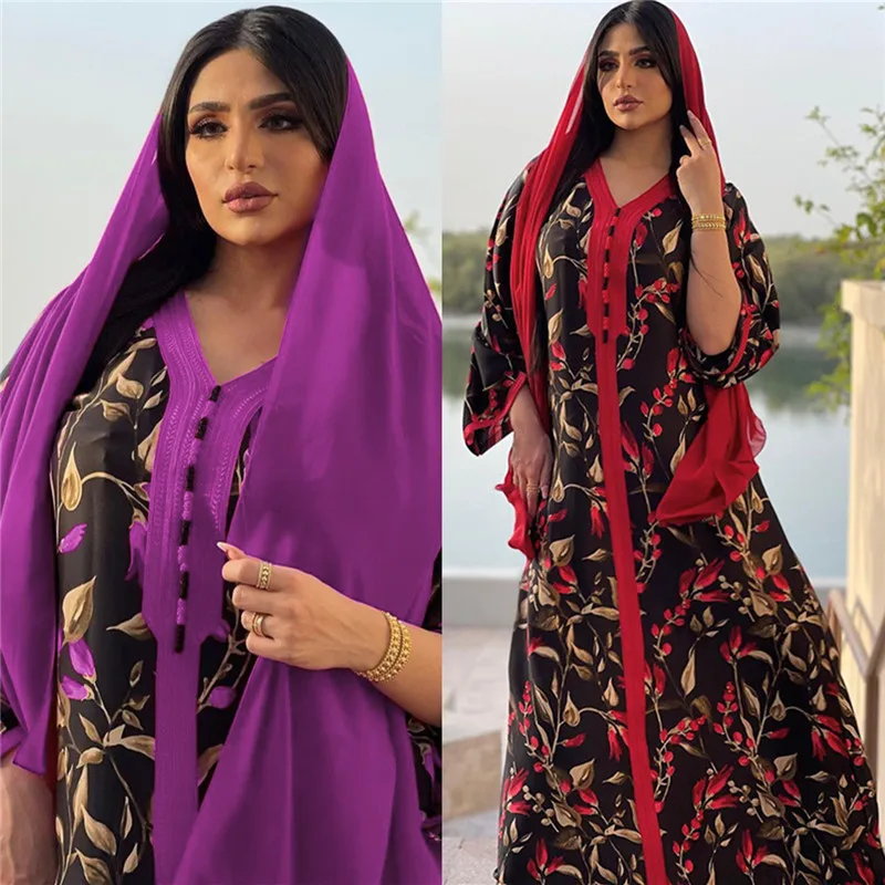 

Dubai Kaftan Floral Printed Maxi Dress Women Muslim Ethnic Arabic Abaya Turkish Islamic Maxi Robe Jalabiya Moroccan Ramadan Gown