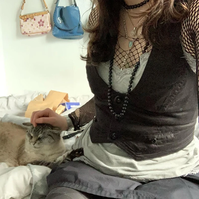 

Y2k корсет пуговицах Топ черные майки без рукавов облегающий V-образный вырез эстетичный панк короткий топ гранж Fairycore женские жилеты