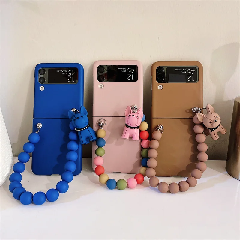 

Case For Samsung Galaxy Z Flip 3 Cover With Cute Bull dog Pendant Chain PC Hard Phone Shell For Samsung Galaxy Z Flip 3 Case