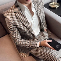 jacket pants boutique fashion mens plaid casual business suit high end social formal suit 2 pcs set groom wedding