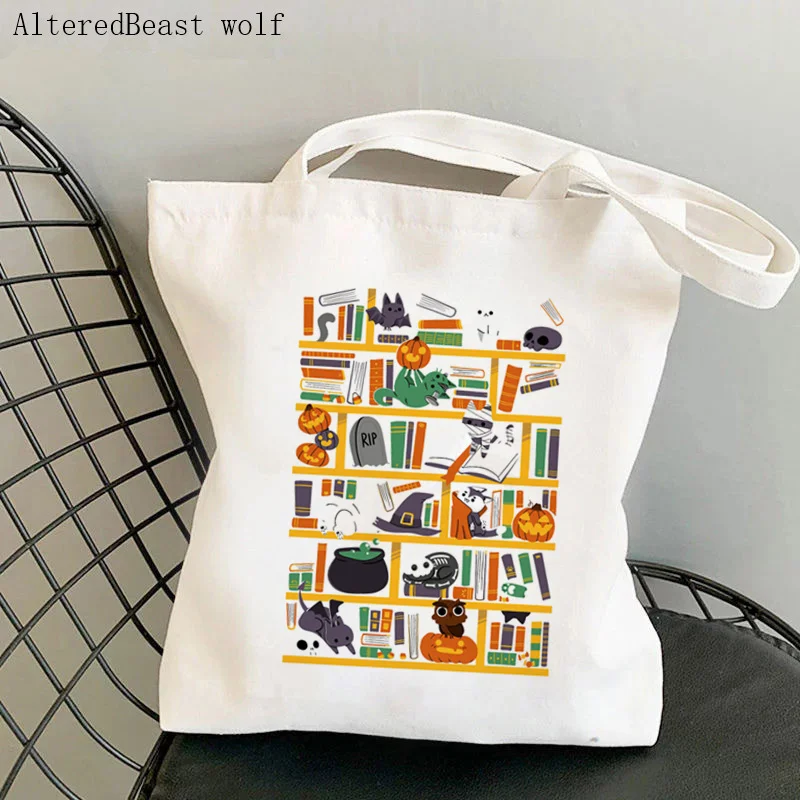 

Women Shopper bag Halloween Library cat Kawaii Bag Harajuku Shopping Canvas Shopper Bag girl handbag Tote Shoulder Lady Bag