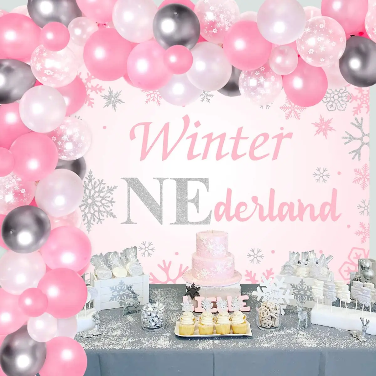 Рождественские украшения Pink Winter Onederland для девочки: гирлянда из снежинок и шаров, фон Wonderland и принадлежности для вечеринки на первый день рождения.