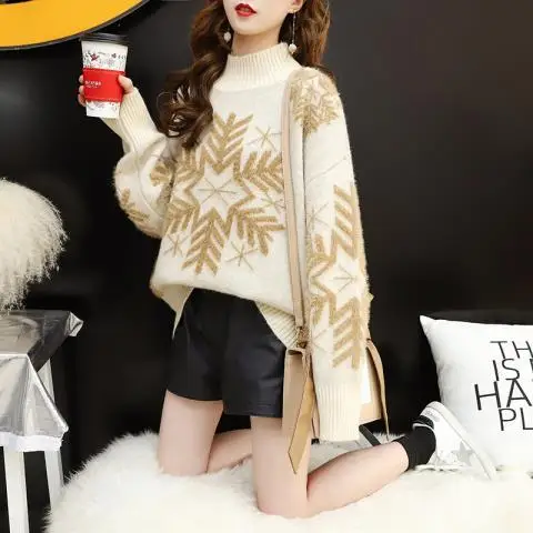 

Beige Snow Christmas High Street Vest Pullover High Collar Sweater Women's T-shirt Sweater Women Girl Pull Slim Top Cloth Shirt