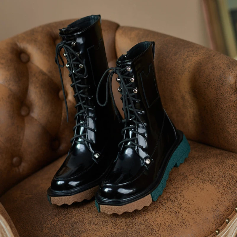 

Женские мотоциклетные ботинки в стиле ретро, ботильоны в британском стиле на платформе и среднем каблуке, ботинки на молнии сбоку, 2022