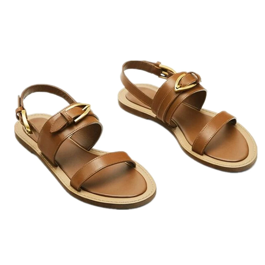 Dave&Di  French Vinatge Fashion Ladies Metal Buckle Genuine Blogger  Leather Flat Sandals Summer Sandals For Women