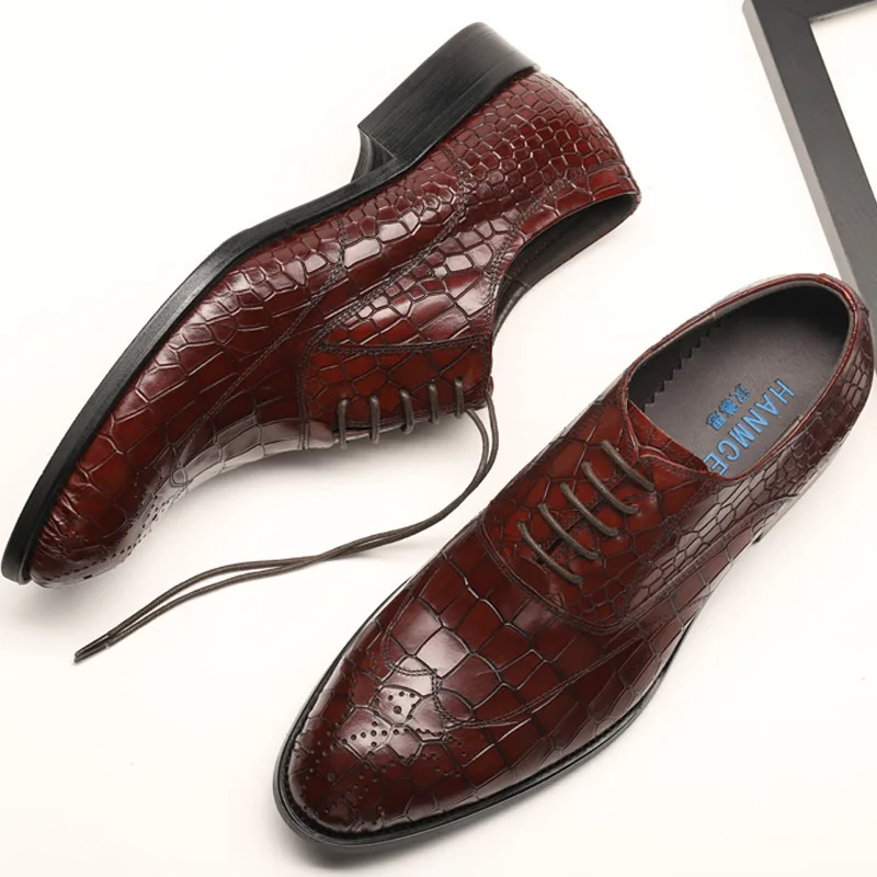 

Italy Luxury Mens Dress Shoes Genuine Calf Leather Business Formal Oxford Shoes Lace Up Crocodile Pattern Brogue Shoes For Men
