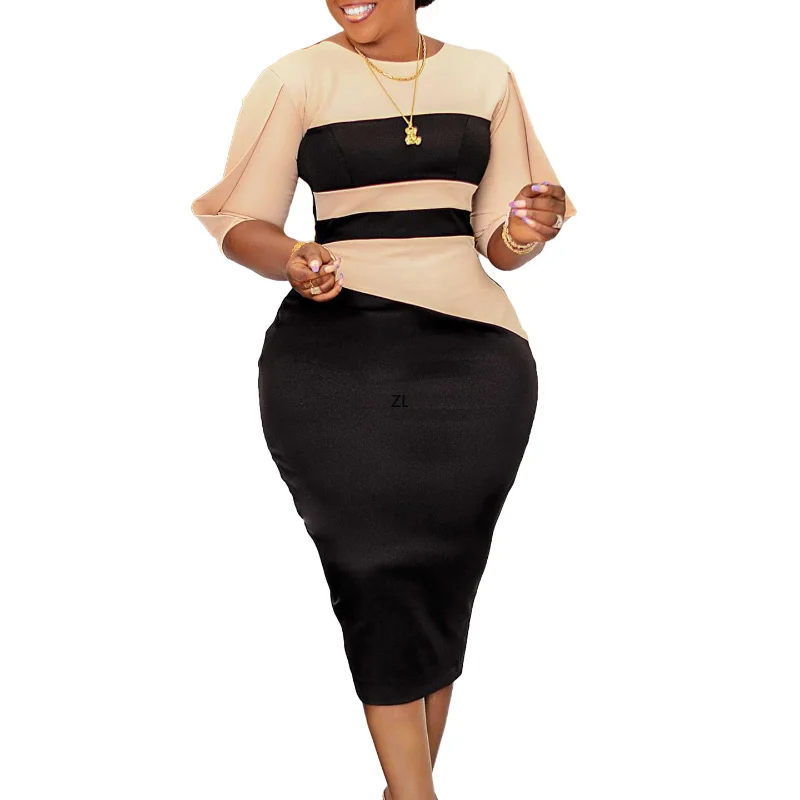 

Women Elegant Bodycon Dress Block Color Patchwork O Neck Half Sleeve Mid-calf Elastic Party African Female Package Hip Outfit XL