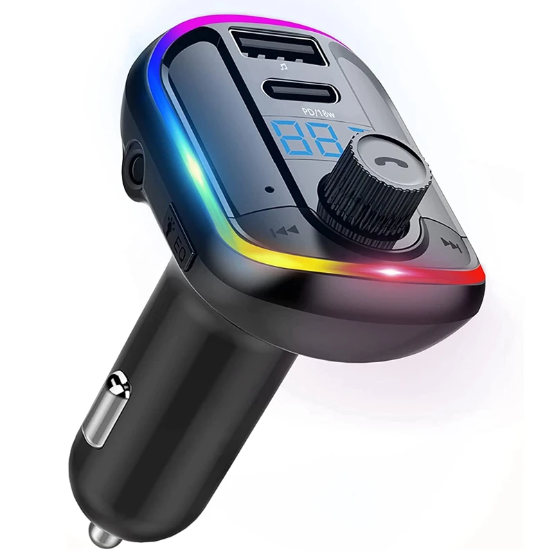 

T829 Bluetooth 5.0 FM Transmitter For Car,Adapter Receiver With 10 Colors Ambient Light, PD 18W Fast Charge Mp3 Player