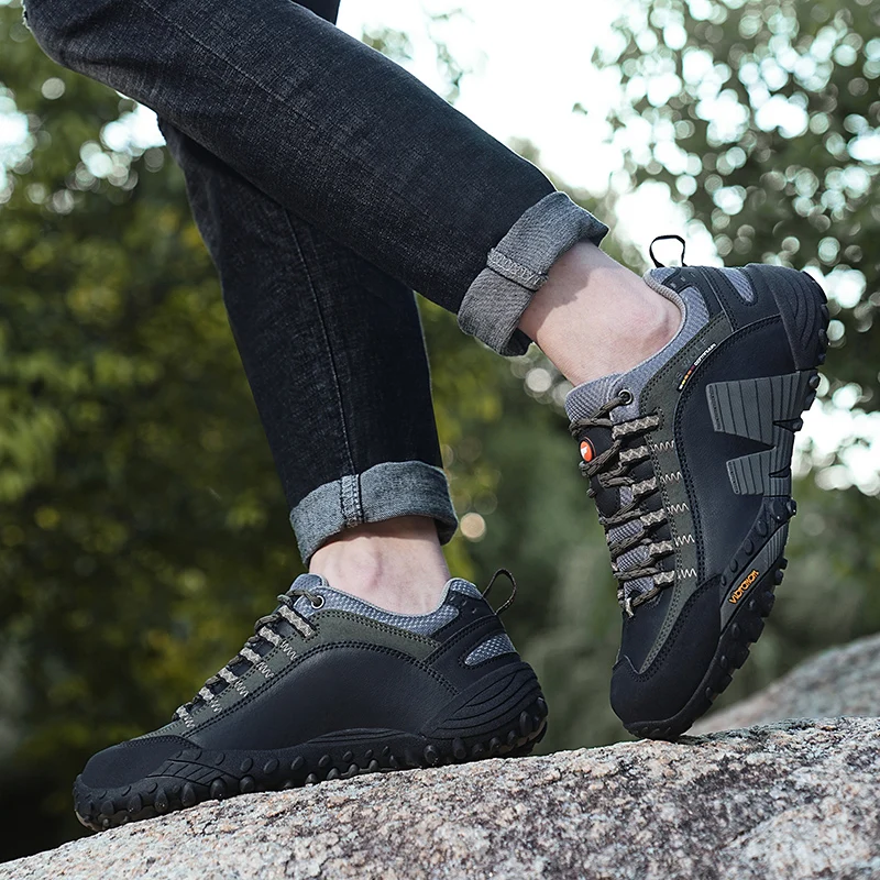 JIEMIAO Genuine Leather Men‘s Outdoor Hiking Shoes Non-slip Tourist Trekking Sneakers Mountain Climbing Trail Jogging Shoes
