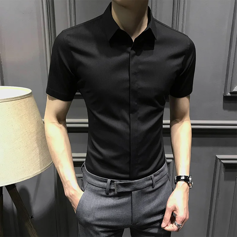 

2022 Men Summer Fashion Business Casual Shirts Men's Short Sleeves Turn-down Collar Shirt Male Solid Color Formal Shirts G129