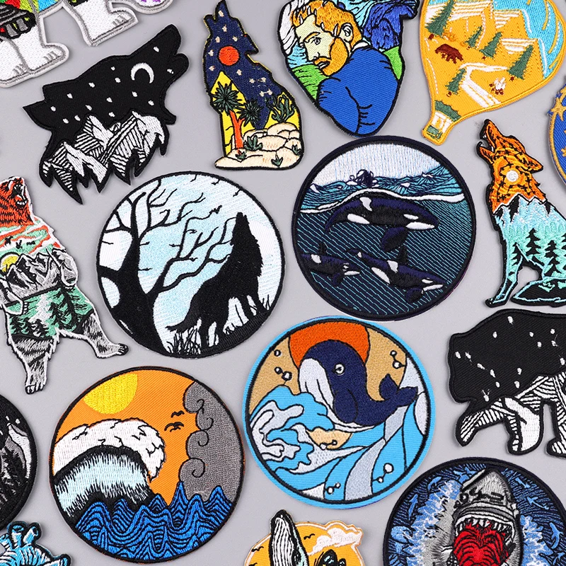 

Waves/Mountain Adventure Embroidery Patch Iron On Patches Patches For Clothing Van Gogh Sew Applique Animal Embroidered Stickers