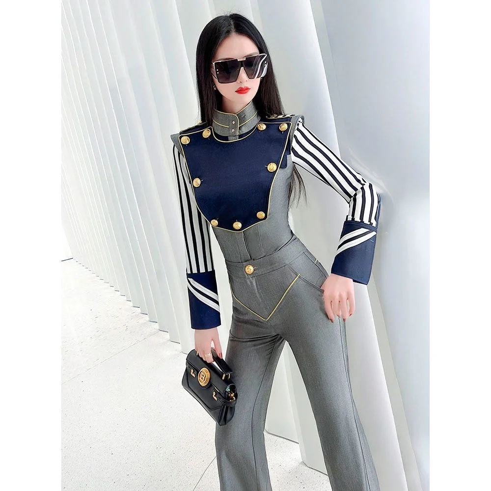

Military Style Cool Fried Street Matching Women's 2022 Spring New Stand Collar Coat Bell Bottomed Pants Two-piece Set Oodji