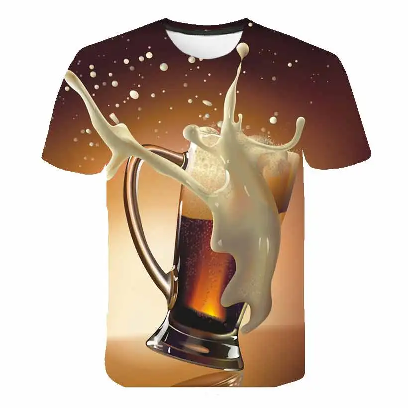 

New Yellow Foam Summer Beer Pattern T-shirt Men's And Women's Round Neck Short Sleeve Party Sports Breathable Top Funny Clothing