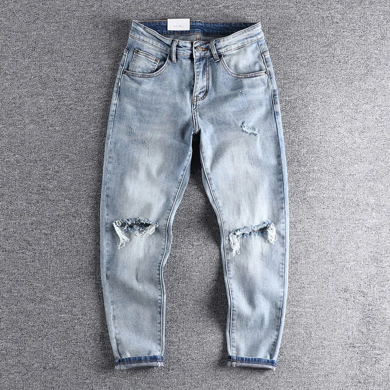 

Легкие джинсы в стиле Слим для мужчин, эластичные повседневные Капри с оборками, с маленькими лапами, стильные Молодежные Капри, весна-лето