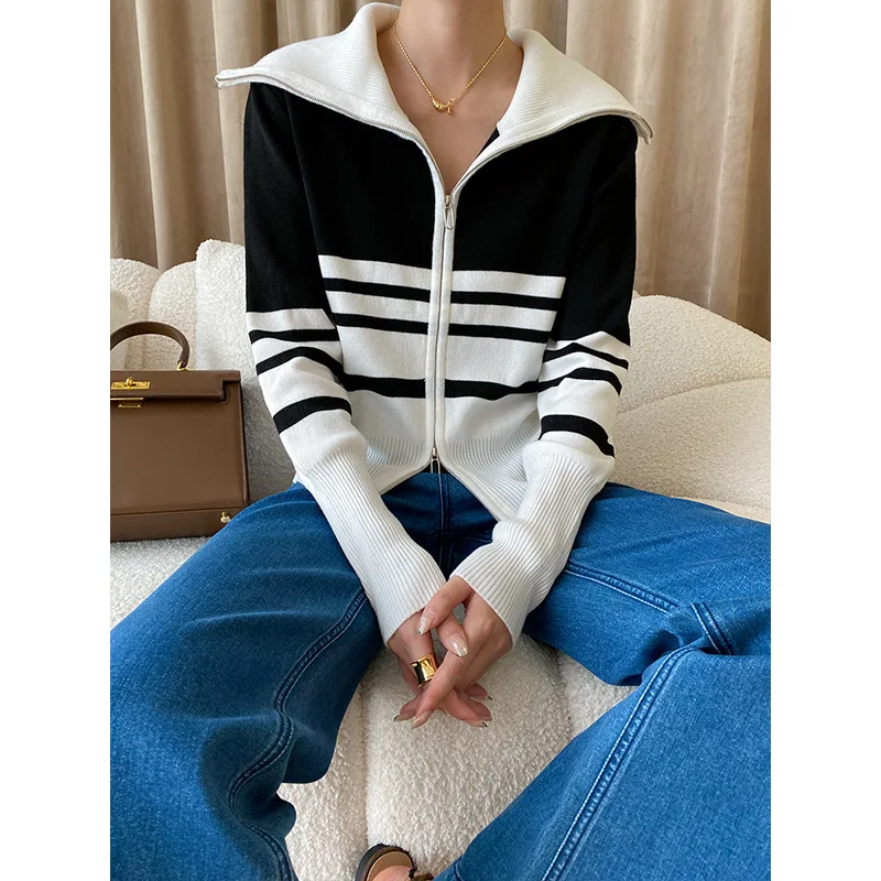 

Design sense double zipper early autumn fashionable large lapel French stripe slim knit cardigan