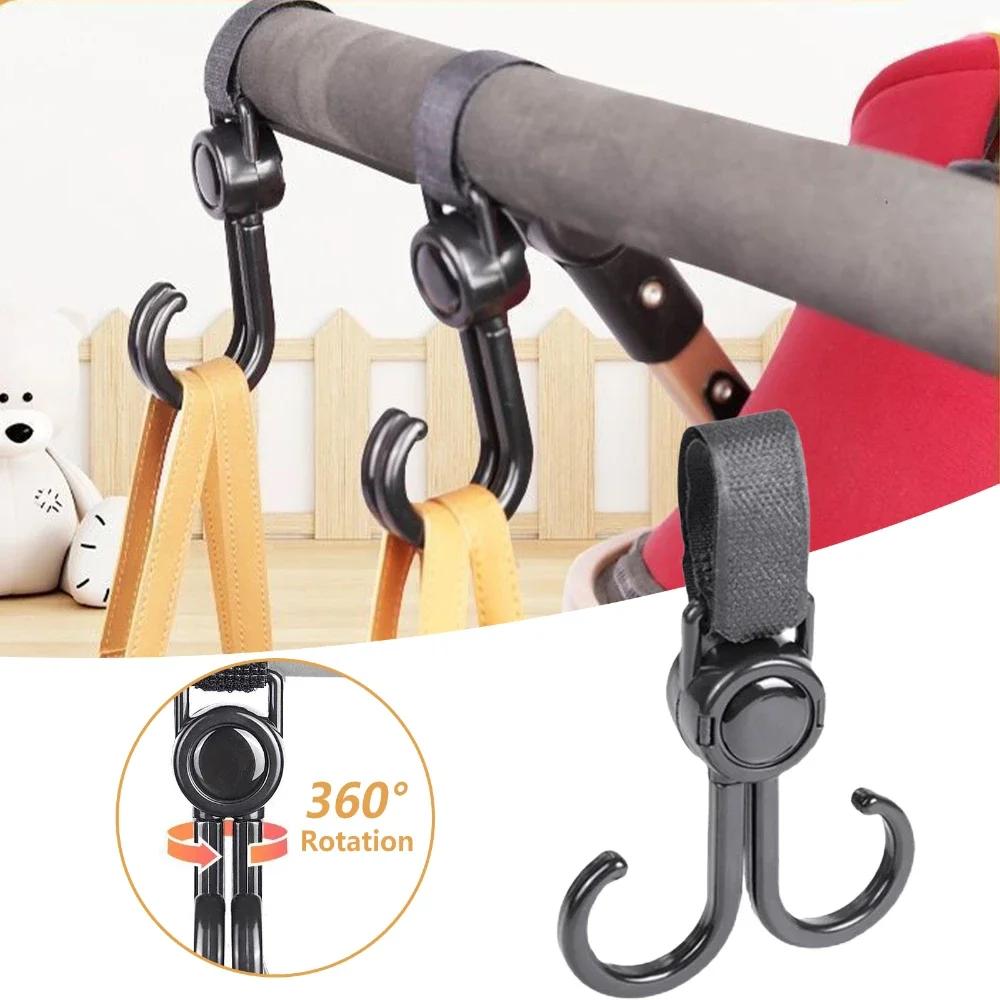 

1/2pcs Double Hook Baby Stroller Hanger 360degree Rotation Adjustment Cart Hook and Loop Fastener Organizer Stroller Accessories