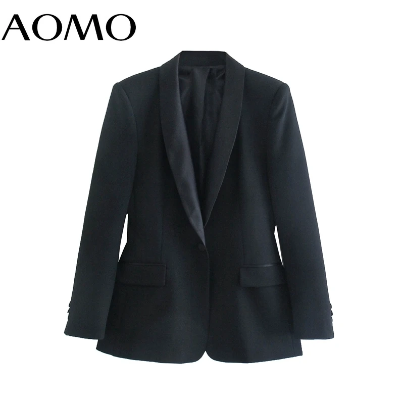

AOMO Women Black Party Blazer Coat Vintage Notched Collar Pocket Fashion Female Chic Tops QD121A