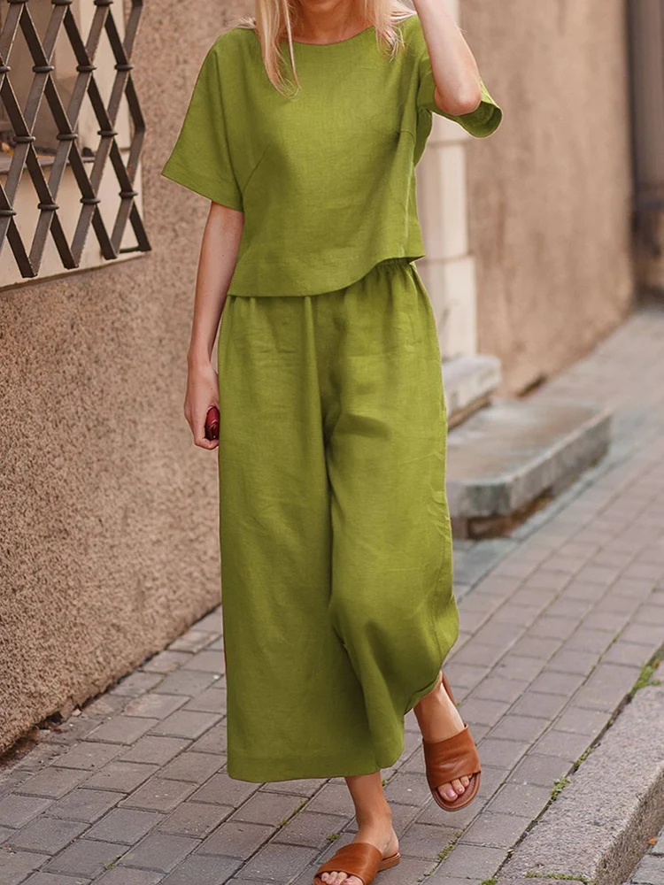 

Women's Cotton Linen Suits 2022 Casual Summer New Solid Short Sleeve Tops Wide Leg Pants Two Piece Sets Ladies Streetwear Outfit