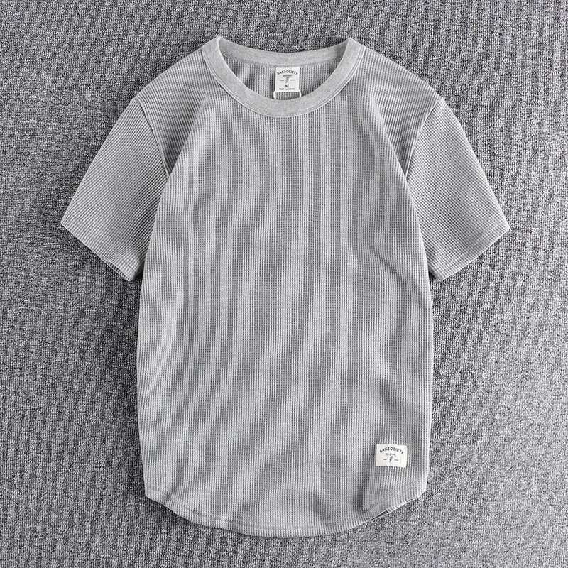 Waffle short sleeve t-shirt men's summer trendy round neck breathable solid color heavy bottomed shirt half sleeve youth