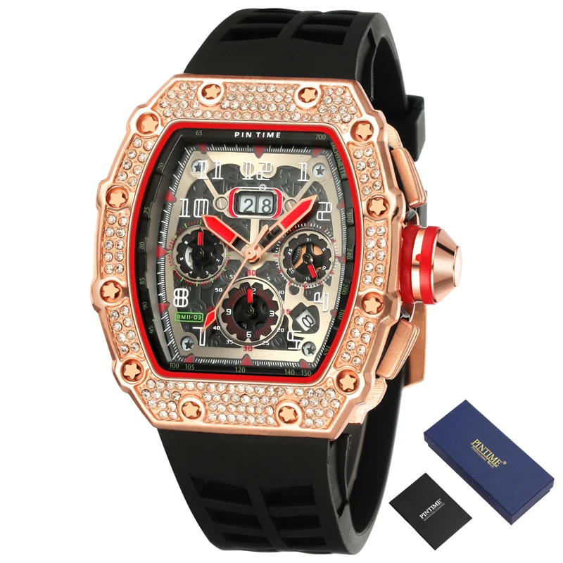 

PINTIME Hip Hop Diamond Watch Men Sport Chronograph Men Watches Top Brand Luxury Military CLock Relogio Masculino Zegarek Meski