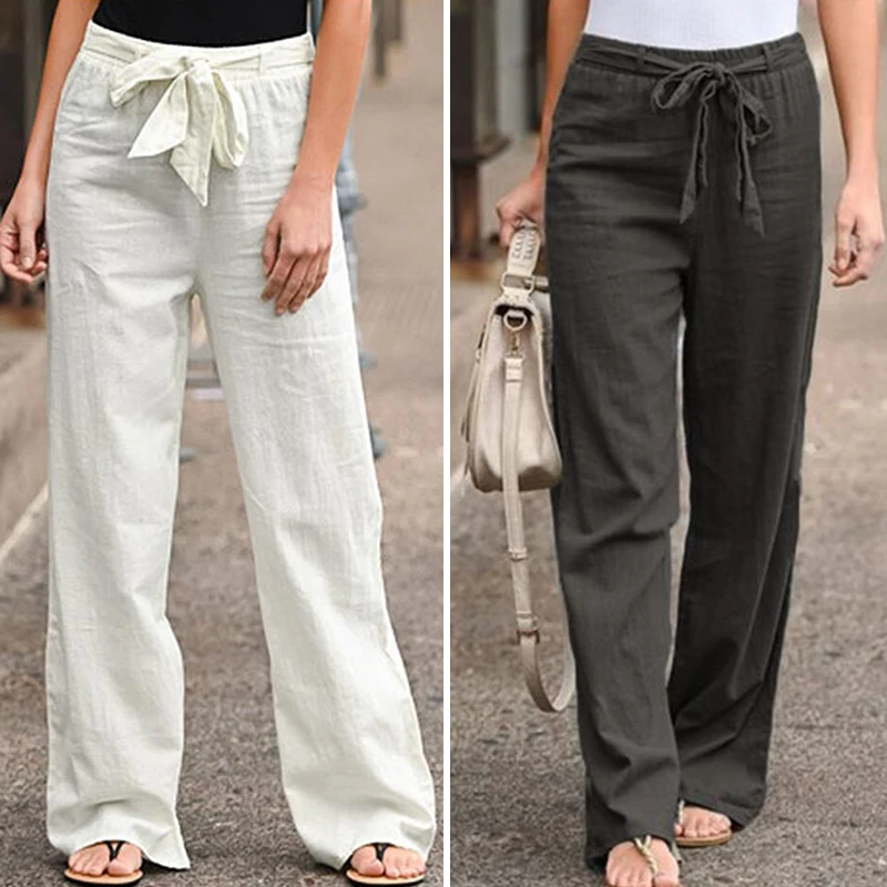 

Брюки женские с эластичным поясом, однотонные хлопково-льняные широкие штаны, свободные прямые драпированные повседневные удобные штаны